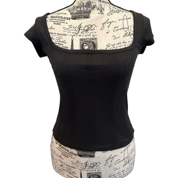 BDG Urban Outfitters Black Ribbed Knit Short Sleeve Lace Squareneck Top Womens M - Picture 1 of 5